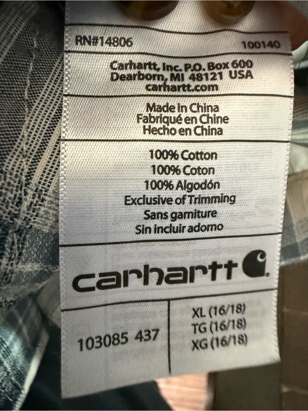 Carhartt White and Blue Plaid Button-Down Shirt XL - Picture 6 of 7